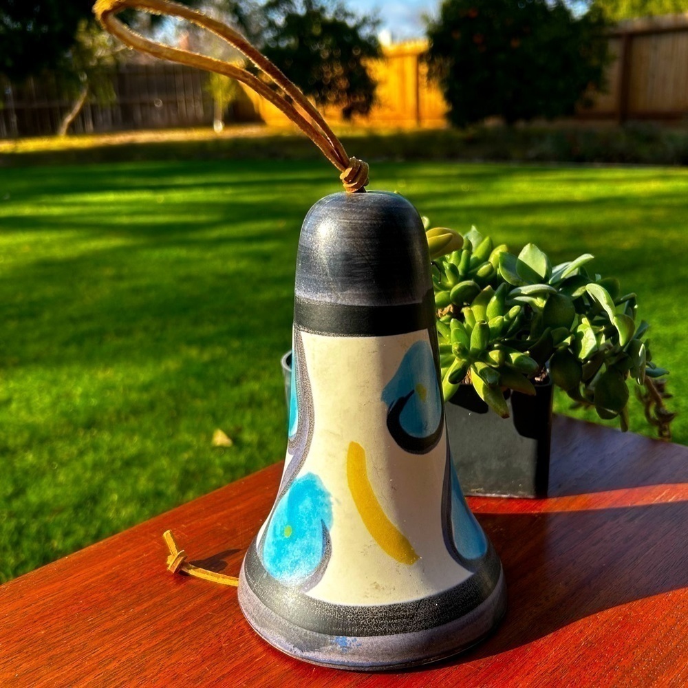 MCM Vintage Pacific Stoneware Bell Wind Chime Ceramic Handpainted Blue & Yellow